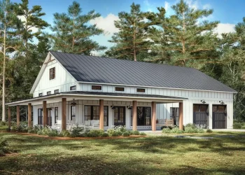 2,000 Sq Ft Barndominium-Style Farmhouse with 3 Bedrooms and Wraparound Porch