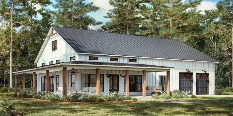 2,000 Sq Ft Barndominium-Style Farmhouse with 3 Bedrooms and Wraparound Porch