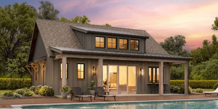 Pool or Guest House Plan with Vaulted Interior & 8-Foot-Deep Porch