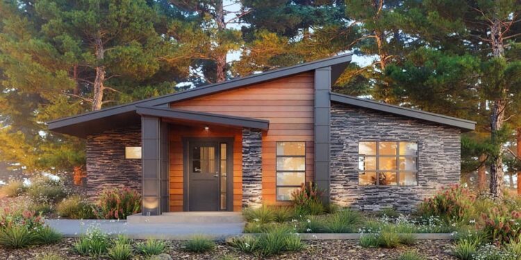2-Bed Modern Contemporary Home with Stone & Wood Exterior ≈ 946 Sq Ft