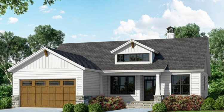 Split-Bedroom One-Story New American with 15′ Cathedral Ceilings — (1,565 Sq Ft)