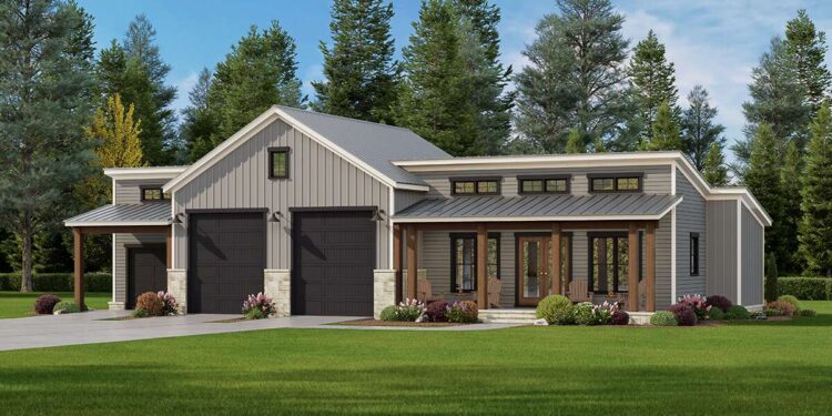 Modern Barn Plan – A Stylish 1-Bedroom Home with 3-Car Garage