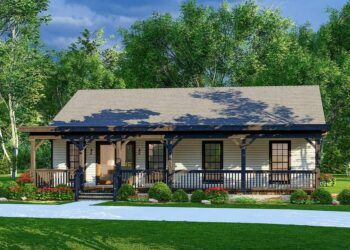 Simple Rustic Cabin with 8′-Deep Front Porch – 1,367 sq ft • 2 Beds & 2 Baths