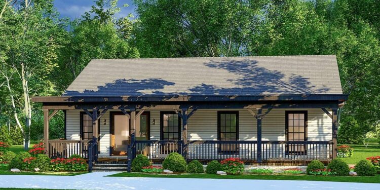 Simple Rustic Cabin with 8′-Deep Front Porch – 1,367 sq ft • 2 Beds & 2 Baths