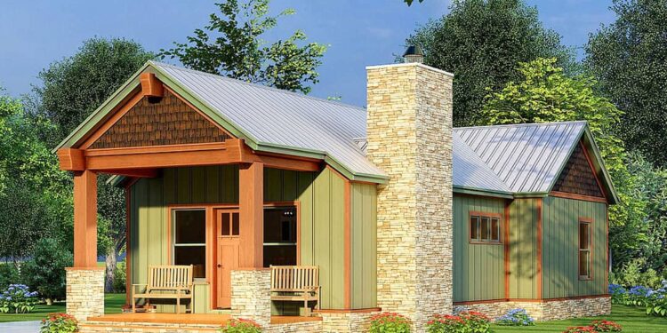Arts & Crafts House Plan with 2 Bedrooms & a Vaulted Interior – 921 sq ft