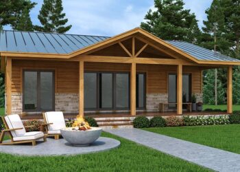 2-Bed Rustic Cabin with 10′ Deep Front Porch – 1,080 Sq Ft • 2 Beds • 2 Baths