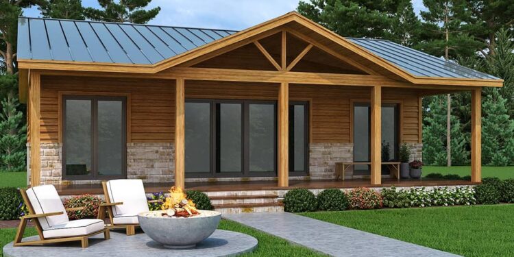 2-Bed Rustic Cabin with 10′ Deep Front Porch – 1,080 Sq Ft • 2 Beds • 2 Baths