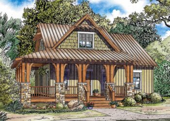 Rustic House Plan with L-Shaped Porch – 1,374 Sq Ft | 3 Bedrooms • 2 Bathrooms