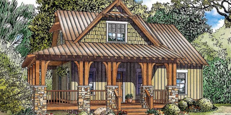 Rustic House Plan with L-Shaped Porch – 1,374 Sq Ft | 3 Bedrooms • 2 Bathrooms