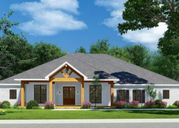 One-Story House Plan with Brick, Board & Batten and Attractive Wood Highlights