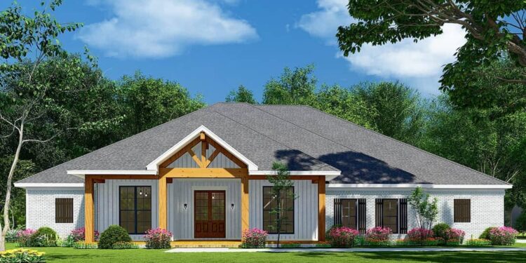 One-Story House Plan with Brick, Board & Batten and Attractive Wood Highlights
