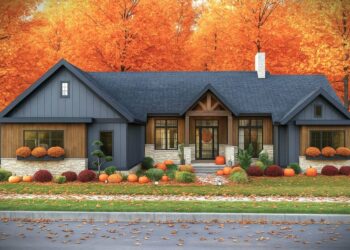 Mountain Ranch House Plan with Two-Story Great Room & Split Bedrooms