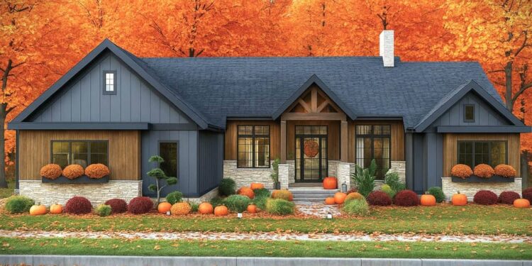 Mountain Ranch House Plan with Two-Story Great Room & Split Bedrooms