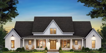 3292 sq ft Symmetrical 4-Bed Modern Farmhouse Plan with Home Office and Bonus Room